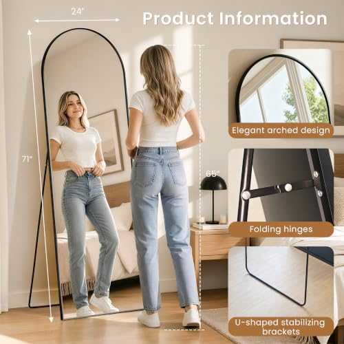 71" x 24"Arched Floor Mirrors Aluminum Alloy Frame(Black) - color: Black, size: 71"L x 24"W