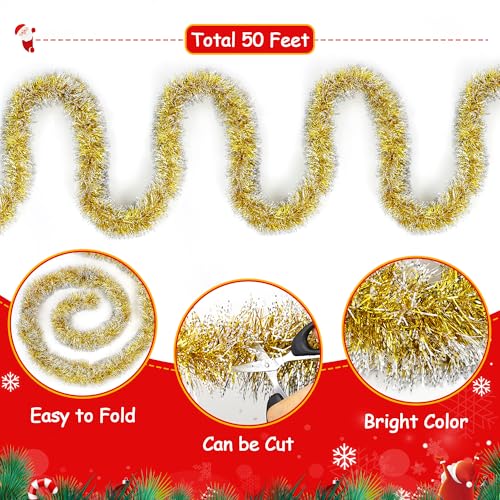 50FT Gold Christmas Tinsel Garland Christmas Tree Decoration - color: Gold White