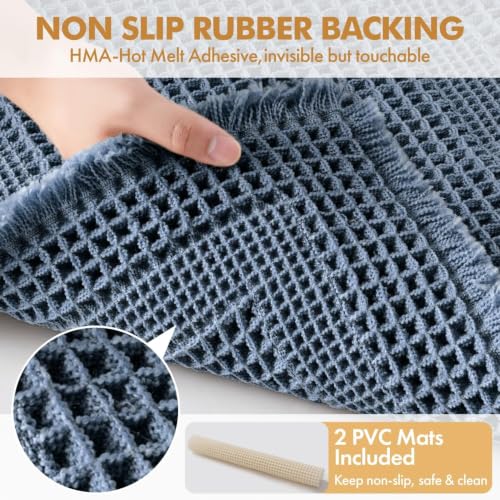 MIULEE Set of 2 Waffle Bathroom Rugs Blue Boho Bath Mat 17x24+18x30 in - color: Blue, size: 17''x24'' + 18''x30''