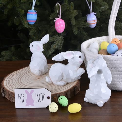 Easter Bunny Figurines, 3PCS White Resin Rabbit Decor with Hand-Carved Texture, Cute Easter Bunnies Collectables for Home Spring Tabletop Centerpiece, Tiered Tray, Shelf (White)