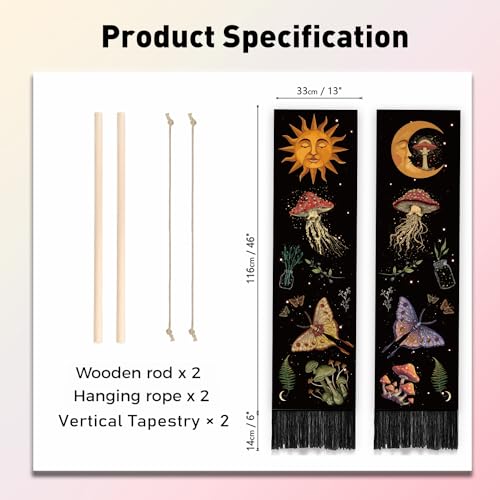 PLIGREAT 2 Pack Mysterious Art Mushroom Tapestry, Vertical Wall Hanging - color: Yellow and Purple