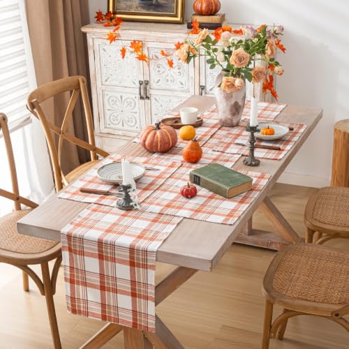 AQOTHES Fall Plaid Placemats Set of 4 Orange White Checked Table Mats 12×18 - color: Orange White