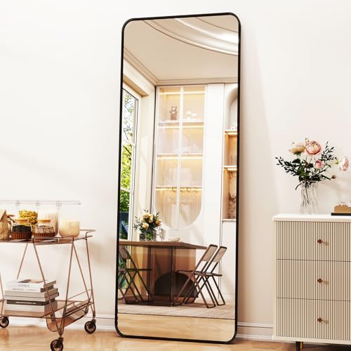 Full Length Mirror 23"x66", Large Floor Mirror with Rectangle Rounded Corners, Gold Aluminum Alloy Frame, Wall Mirror for Full Body - color: Black, size: 66"L x 23"W