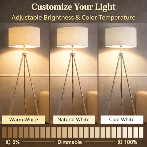 JOOFO Modern Metal Tripod Floor Lamp with Remote, 16.5" Linen Shade - color: Brushed Nickel