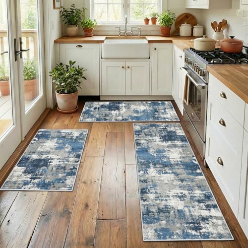 Kitchen Rugs Sets of 3 Non Slip Washable Mats for Floor, Blue - color: Blue