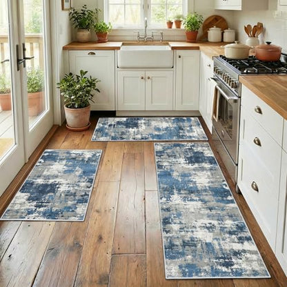 Kitchen Rugs Sets of 3 Non Slip Washable Mats for Floor, Blue - color: Blue