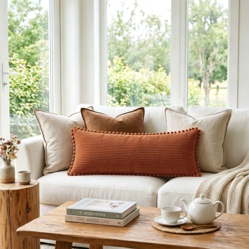 Fancy Homi 1 Pack Rust Long Lumbar Body Decorative Throw Pillow Covers 14x36 Inch with Pom-poms for Couch Sofa Bed, Farmhouse Boho Rustic Terracotta Decor, Soft Corduroy Solid Pillow Case 35x91 cm - color: Rust, size: 36" x 14" (Pack of 1)