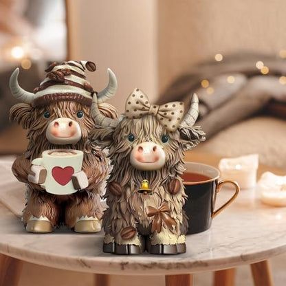 2 Pack Resin Highland Cow Figurine Gifts, Coffee Theme Decor - style: Coffee
