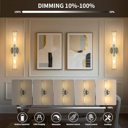 Rayogale Nickel Wireless Battery Operated Wall Sconces with Remote Control - color: Nickel(Clear Tubular Lampshade)