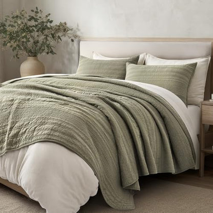 EVERGRACEHOME 100% Cotton Modern Lines Quilt Set Queen Size, Light Sage - color: Light Sage, size: Full/Queen (92" X 92")