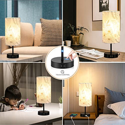 CINSARY Touch Control Bedside Lamp with 2 USB Ports, 3-Way Dimmable Table lamp for Bedroom, Nightstand Lamp with Round Flower Fabric Shade for Living Room Home Office (E26 LED Bulb Included) - color: White-15“ H