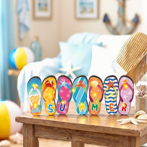 Yousoontic Summer Beach Flip Flop Table Centerpiece Decor - 3D Wooden Slippers Sign with LED Lights, Hawaii Luau Tropical Decor for Home Mantel, Desk & Party - style: Summer