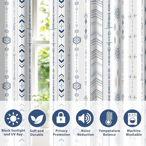Boho Blue and White Geometric Striped Blackout Curtains for Living Room Bedroom 63 Inch Length 2 Panel Set, Western Room Darkening Patterned Grommet Window Drapes - color: Blue Stripe, size: 52"W x 63"L (Pack of 2)
