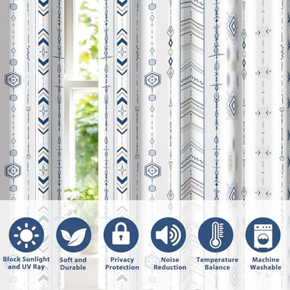 Boho Blue and White Geometric Striped Blackout Curtains for Living Room Bedroom 63 Inch Length 2 Panel Set, Western Room Darkening Patterned Grommet Window Drapes - color: Blue Stripe, size: 52"W x 63"L (Pack of 2)