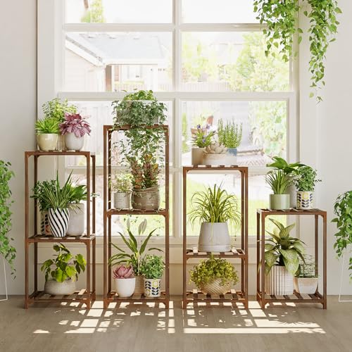 Bamworld Plant Stands Indoor 4 Sets Plant Shelves Outdoor - color: Brown, size: 4 Sets
