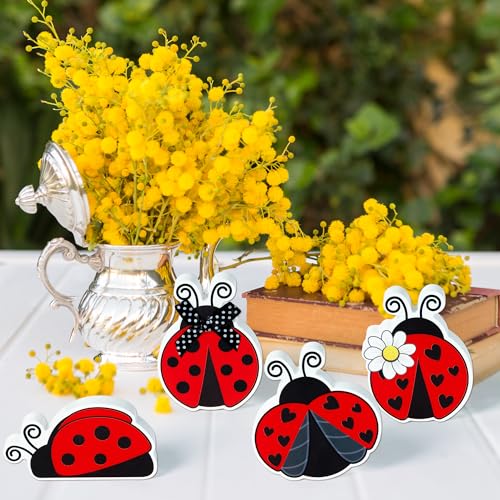 WATINC 4PCS Ladybug Tiered Tray Decor, Spring Summer Wooden Table Centerpiece Sign, Double-sided Ladybug Printed Wood Tabletop Sign, Ladybird Farmhouse Rustic Party Decoration for Holiday Home Kitchen - style: Ladybug
