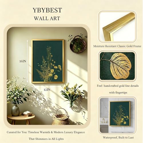 YBYBEST 12x16 Green and Gold Botanical Wall Art with Gold Frame, Shimmery Green Wall Art for Bathroom, Bedroom, Living Room and Entryway - color: Emerald Green & Gold1-12*16, size: 16"L x 12"W