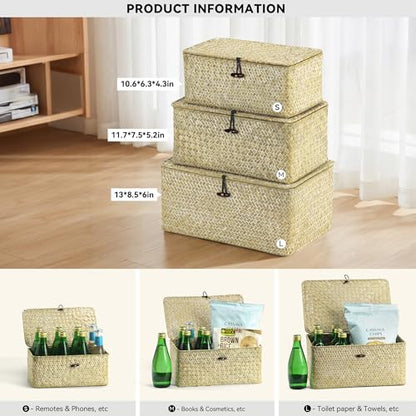 Nonam Wicker Storage Basket with Lid,Seagrass Shelf Basket Set of 3,White - color: Standard White* Set of 3