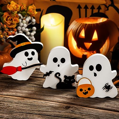 COCHIE 3 Cute Ghost Halloween Decorations Indoor Set Ghosts Table Sign | Wooden Ghost Tiered Tray Decor Black Cat Witch Broom J-O-Lantern Blocks Sign for Home Office Boo Day Party Decoration (A)
