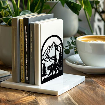 Peacoblue 5.3"x4.3"x7.9" Metal Bookends, Heavy Duty Book Ends for Shelves - style: Mountain and Forest with Bear