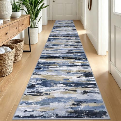 Abstract Washable Runners for Hallway 2x12 Runner Rug Non Slip - color: Navy / Blue / Taupe, size: 2' x 12' (Runner)