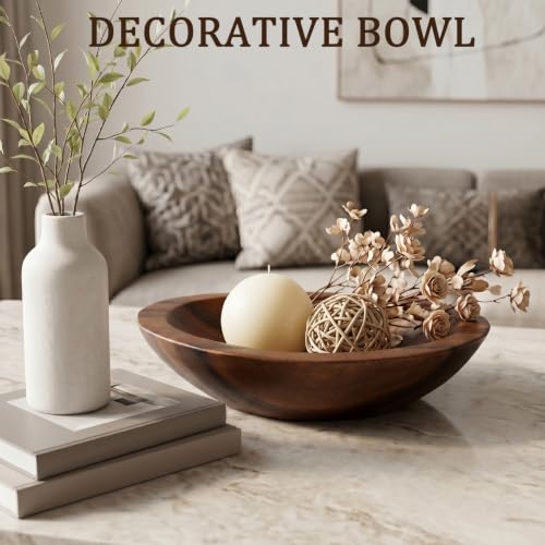 ZENFUN Wooden Decorative Bowl, Walnut Tray Dish Kitchen Dining for Fruit and Salad, Round Hand Crafted Walnutwood Serving Bowl, Home Decor Wood Bowls 10.8" Diameter x 2.6" Height, Seamless