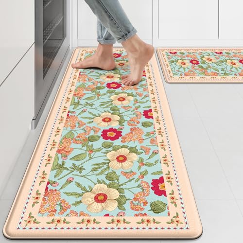 2 PCS Vintage Floral Kitchen Mats, Anti-Fatigue Floor Rugs, Blue - color: Blue, size: 18''x30''+18"x48"