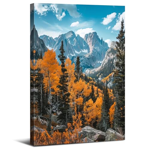 Snowy Mountain Wall Art for Living Room Autumn Forest Wall Art Orange Trees Pictures Wall Decor National Park Posters Green Mountains Painting Woodland Artwork for Office Home Decorations 12x16" - color: Fall Landscape02, size: 16"L x 12"W
