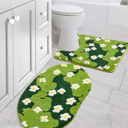 Cute Floral Bathroom Rugs Set 2 Piece, Non Slip Microfiber Green Grass Flowers Bath Mat 20x32 + Contour Toilet Rug 20x24 Machine Washable Great Absorbent, Boho Aesthetic Bath Mat Set for Bathroom - size: 20''W x 32''L + 20''W x 24''L