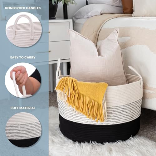OrganiHaus Round Toy Basket & Blanket Basket, Cotton Rope 20x13" - color: 3-toned Black, size: Wide