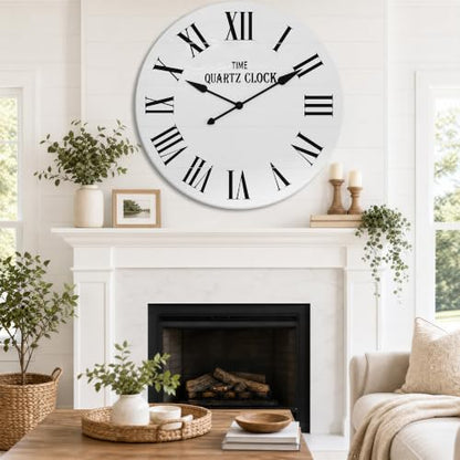 ARTPOWER 35.5" Extra Large Farmhouse Wall Clock,Solid Wood Veneer,White - color: White, size: 35.5"W x 35.5"H