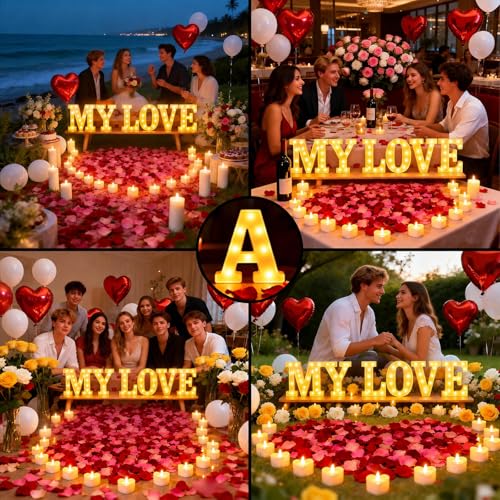 My Love Light up Letters, Include Tea Lights Candles, Latex Balloons, Aluminum Balloons and Rose Petals, Special Festival, Surprise Gifts for Women and Men - color: MY LOVE