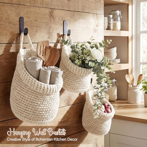 Honeydak 3 Hanging Baskets, Cream, Wide Bucket Basket - color: Cream, style: Wide Bucket Basket