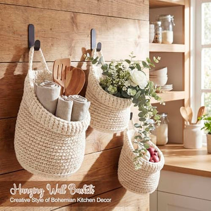 Honeydak 3 Hanging Baskets, Cream, Wide Bucket Basket - color: Cream, style: Wide Bucket Basket