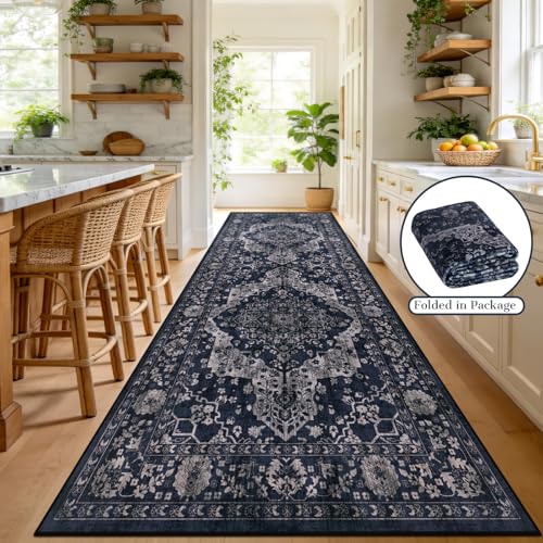 nesrt Boho Washable Hallway Runner Rug 4x10, Soft Non-Slip Long Kitchen Runner Rug, Vintage Faux Wool Thin Distressed Printed Wider Floor Carpet for Entryway Bedroom Stairway (Blue) - color: Blue, size: 4' x 10' (Rectangular)