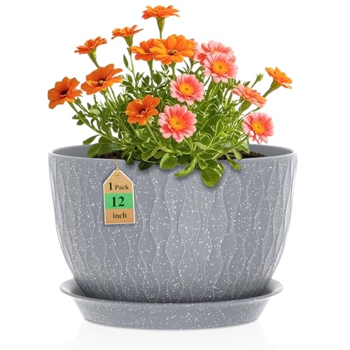 WSMKSZ 12 Inch Wide Water Ripples Flower Pots for Indoor or Outdoor Plants, Large Plant Pots with Drainage Holes & Saucer, Plastic Planters Set for Garden & Home Decor (Grey with White Speckles) - color: Grey With White Speckles