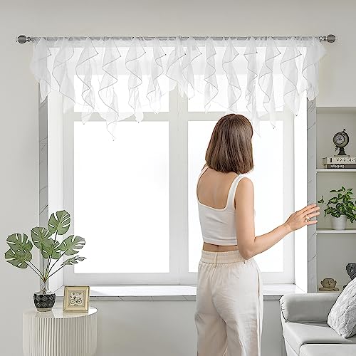 PearAge Ruffled Voile Semi Sheer Curtain Valance, Kitchen Living Room Shabby Chic Ruffle Valance Curtains, Girls Daughters Bedroom Cascade Window Valance 52x26 Inches (White-Triangle) - color: White