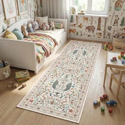 Garvee Floral Runner Rug 2x6 Washable Runner Rug Peacock Print Soft Beige - color: Beige, size: 2' x 6' (Rectangular)