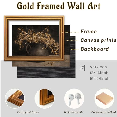 Vintage Gold Framed Dark Academia Wall Art, Rustic Floral Wall Decor - color: Floral Style 2, size: 24"L x 16"W