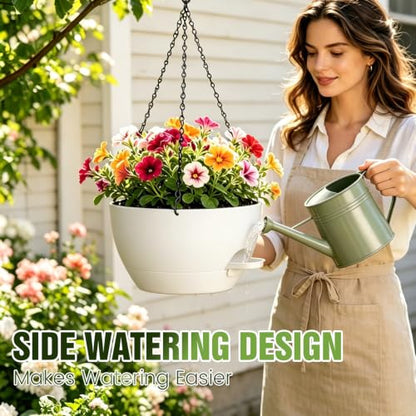 10 Inch Self-Watering Hanging Planters Set of 3 with Saucers - color: White, size: 10 Inch 3 Pack