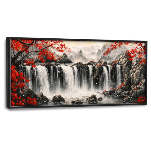 Voxlyra Framed Mountain Waterfall Wall Art for Living Room 60'' × 30'' - color: Mountain Waterfall
