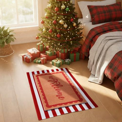 Tinideya 2 Pcs Red and White Stripe Welcome Mats for Front Door - color: Red,white