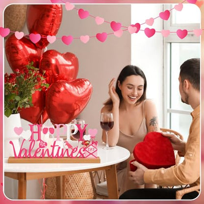 MiniInflat Happy Valentine's Day Metal Sign Valentines Heart Table Centerpiece Valentine's Tiered Tray Decor Pink and White Sign with Wood Base for Home Office Tabletop Mantel Shelf Fireplace Desktop - style: Happy Valentines