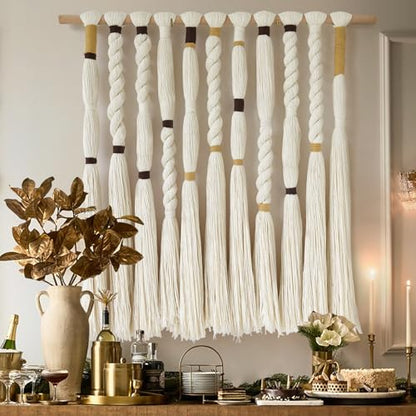 Macrame Wall Hanging Woven Knot Tassel Fringe Boho Wall Art 27"W*29"L - color: Ivory3