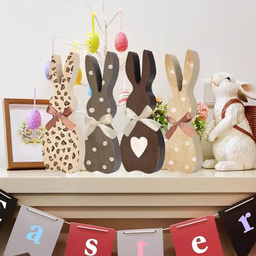 Easter Bunny Decor – 4Pcs Farmhouse Wooden Easter Decorations for Home, Rustic Spring Signs Table Centerpiece, Cute Natural Wood Rabbit Figure for Mantle Shelf Tiered Tray Indoor Decor - color: Fh3019