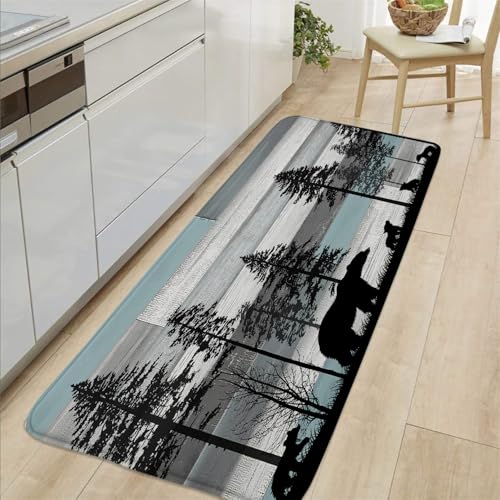 Rustic Bear Bathroom Rugs Cabin Retro Wooden Board Tree Forest Farmhouse Country Camping Hunting Nature Safari Wild Animal Bath Mat Bedroom Kitchen Toilet Floor Doormat 24x70 - color: Blue, size: 24x70