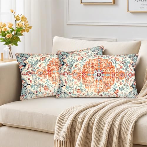 Boho 12X20 Lumbar Throw Pillow Covers Set of 2 Orange Blue - color: Orange