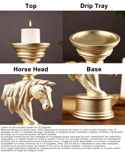 Golden Horse Head Candle Holder 12 Inch – Equestrian Gold Stallion Statue Pillar Candle Stand - color: Gold Horse