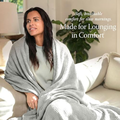 Threadmill Luxury 100% Cotton Queen Herringbone Blanket, Light Grey - color: Light Grey, size: Queen (90" x 92")