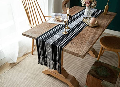 Boho Table Runner with Tassel, Farmhouse Table Runner 71 Inches Long for Dining Table Decor, Wedding, Party and Dresser Decor, Black and White - size: 13.5''x71''13.5*90‘’